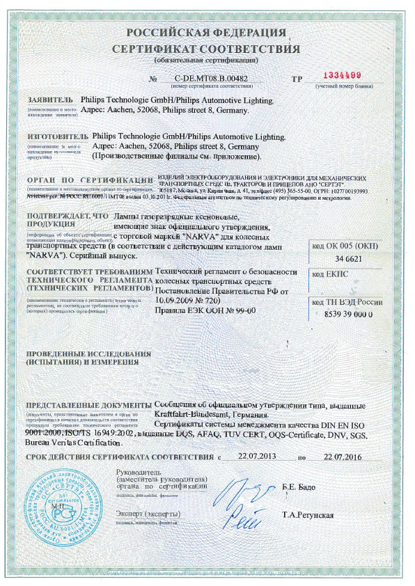 Сертификат на лампы D2R Narva 84006